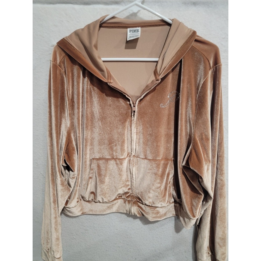 Victoria's Secret PINK Gold Velour Cropped Hoodie XXL Rhinestone Logo Zip Up